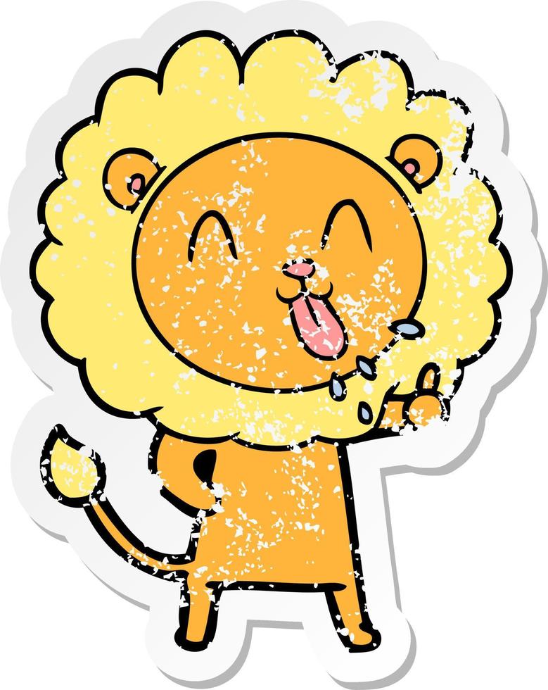 distressed sticker of a happy cartoon lion vector