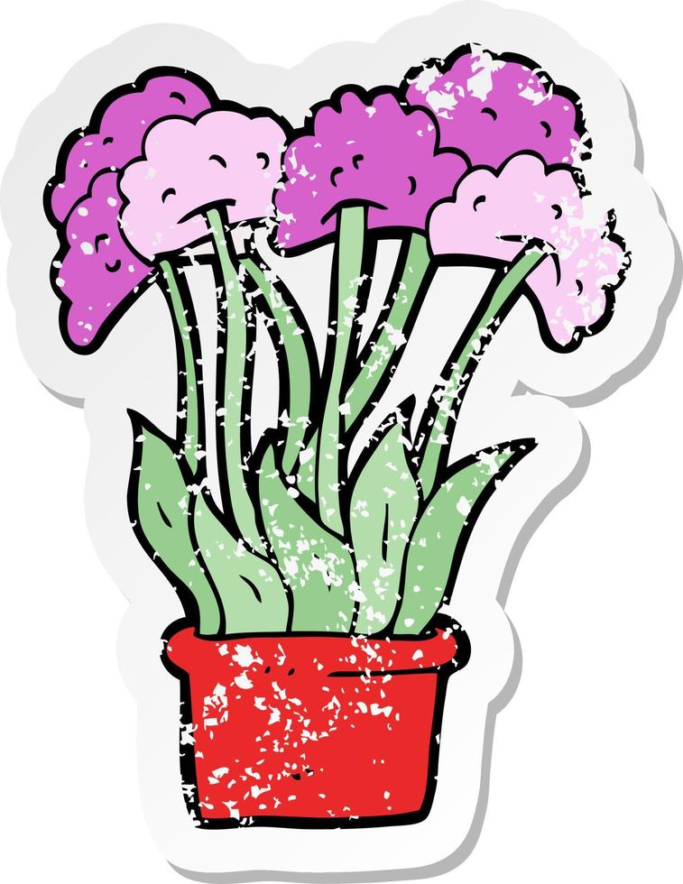 pegatina retro angustiada de una caricatura de flores en maceta vector