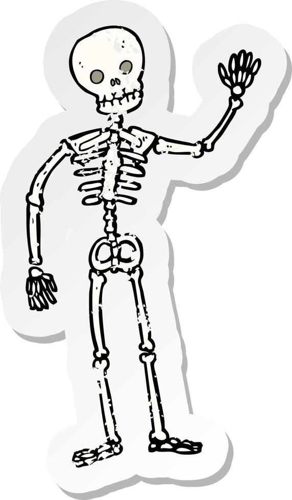 retro distressed sticker of a cartoon waving skeleton vector