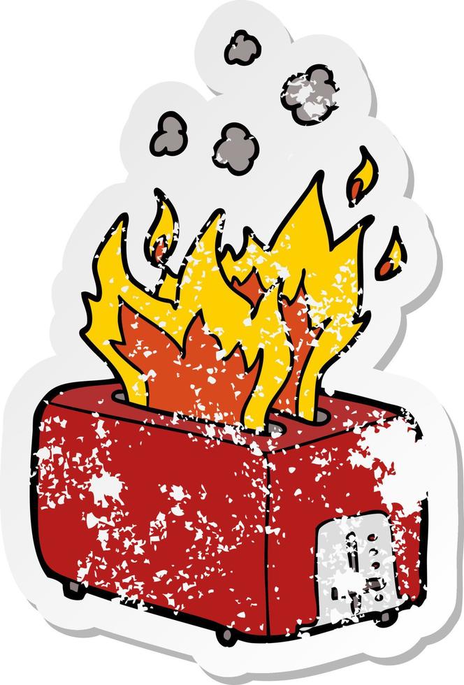 distressed sticker of a cartoon burning toaster vector