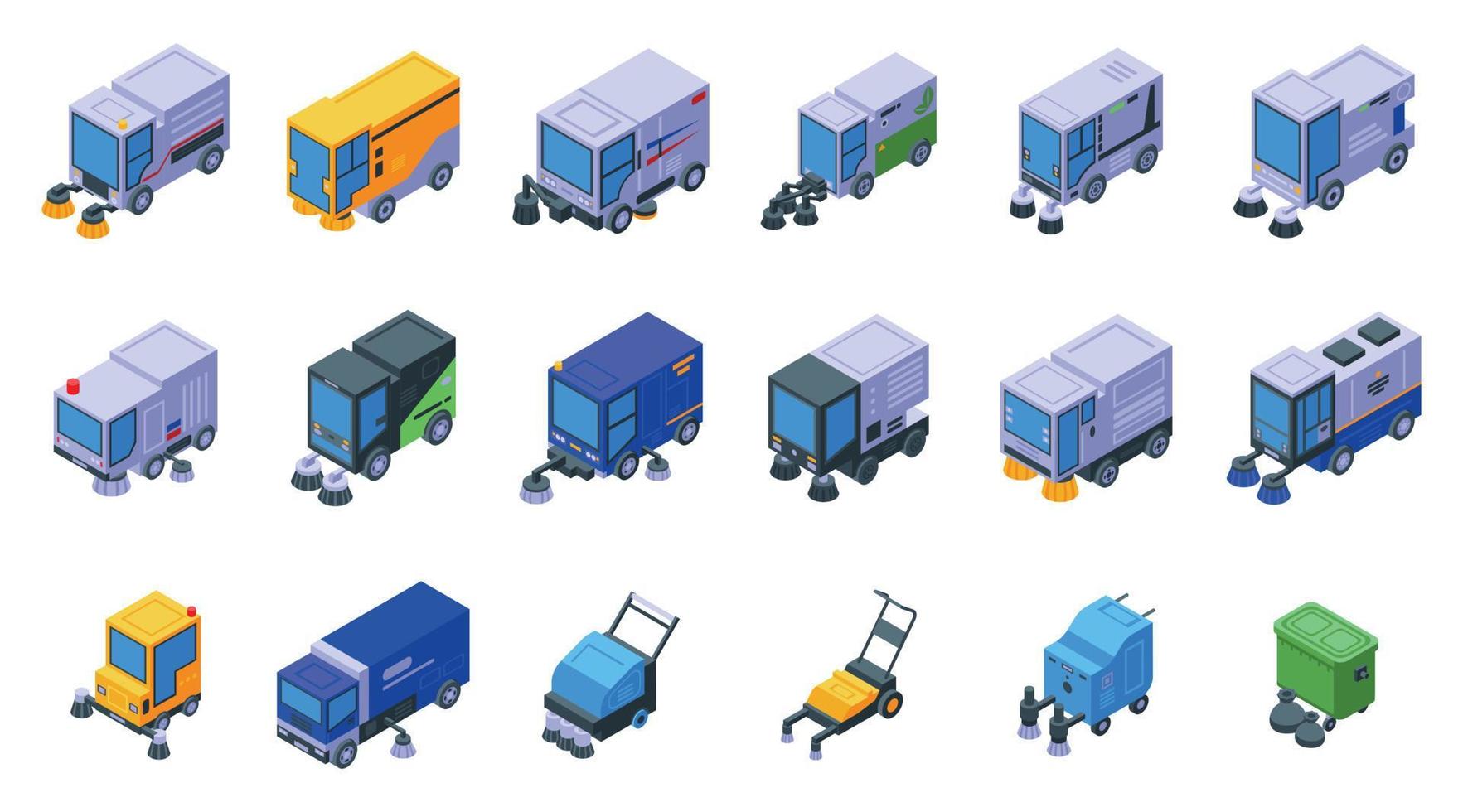 Sweeper icons set isometric vector. Street truck vector