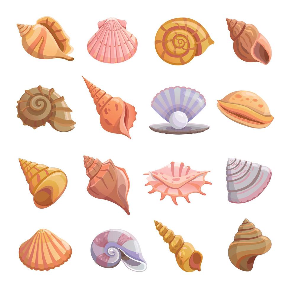 Sea shell beach icons set, cartoon style vector