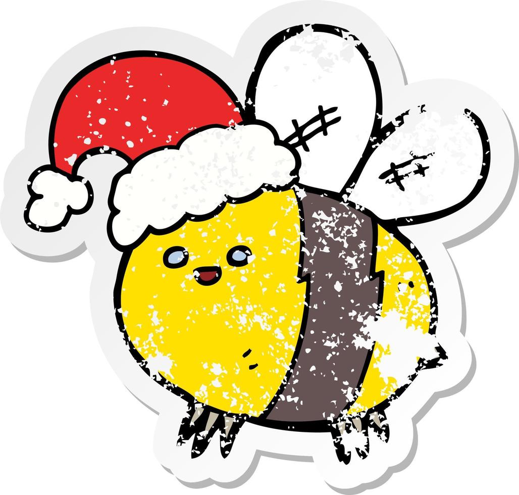 distressed sticker of a cute cartoon bee wearing christmas hat vector