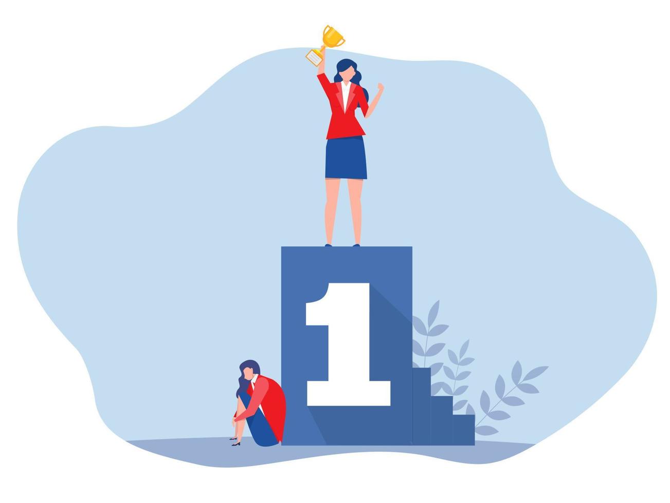 Imposter syndrome.woman standing on number one reward with Anxiety and lack of self-confidence at work the person fakes is someone else concept vector illustrator