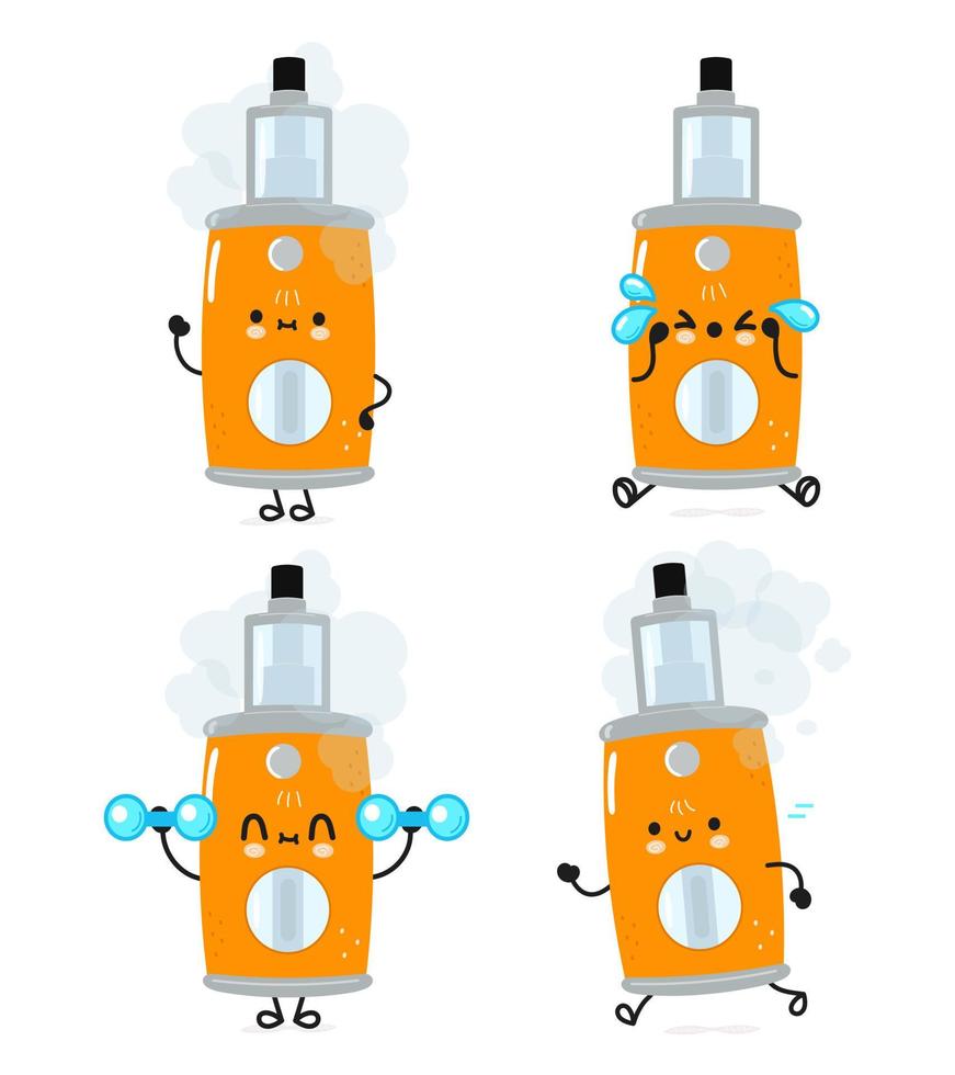 conjunto de paquetes de personajes de vape felices lindos y divertidos. diseño de icono de ilustración de personaje de dibujos animados de estilo de fideos dibujado a mano vectorial. linda colección de personajes de la mascota vape vector