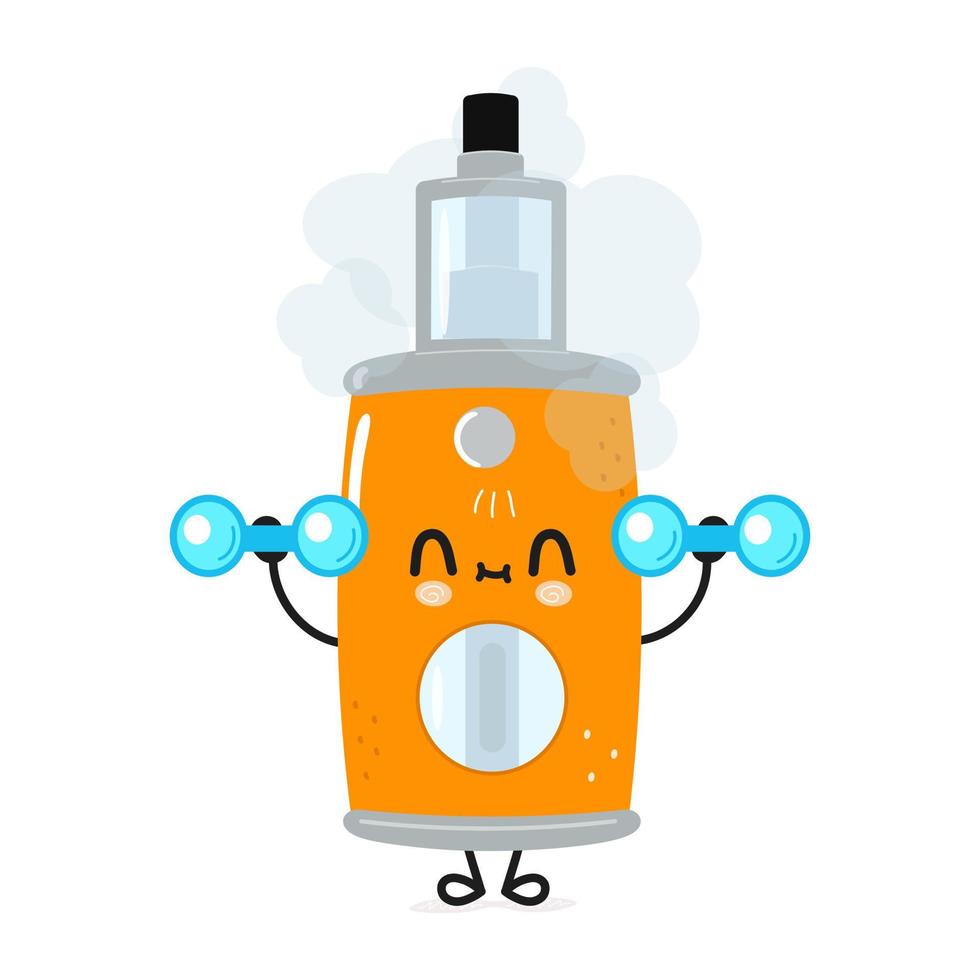 lindo personaje divertido de vape con pesas. icono de ilustración de personaje kawaii de dibujos animados dibujados a mano vectorial. aislado sobre fondo blanco. concepto de gimnasio de personajes de vape vector