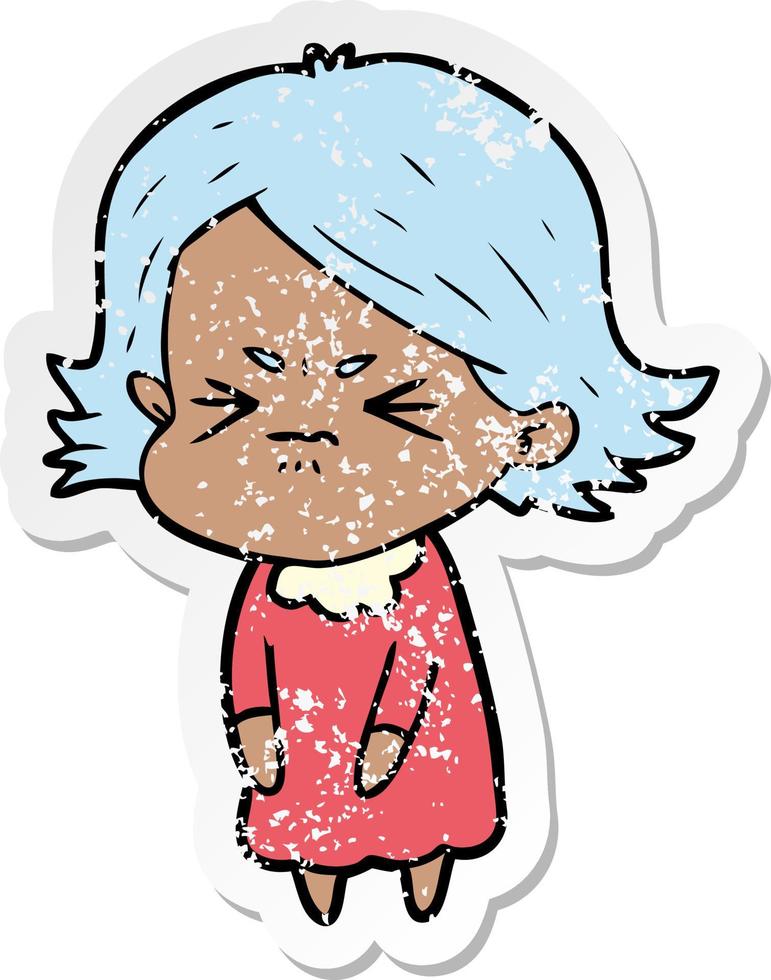 distressed sticker of a cartoon angry woman vector