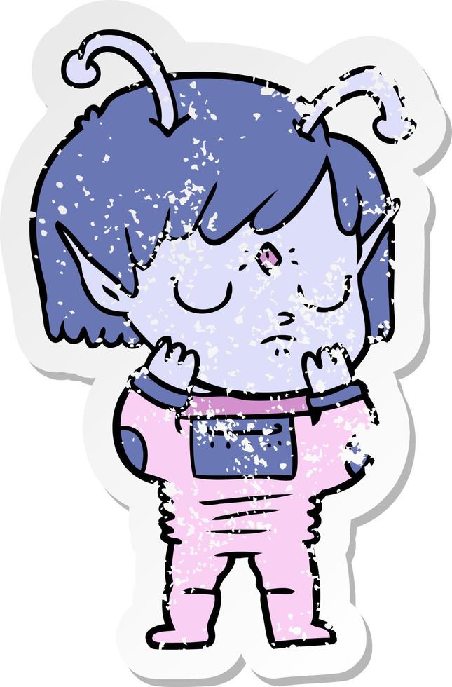 distressed sticker of a cartoon alien girl vector