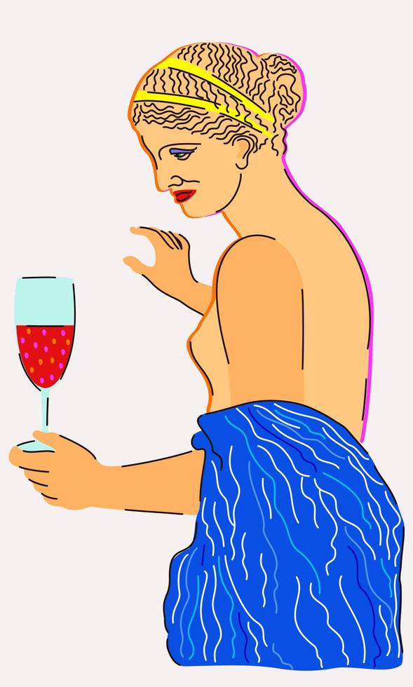 Vector bright illustration of ancient statue of woman with glass of wine.