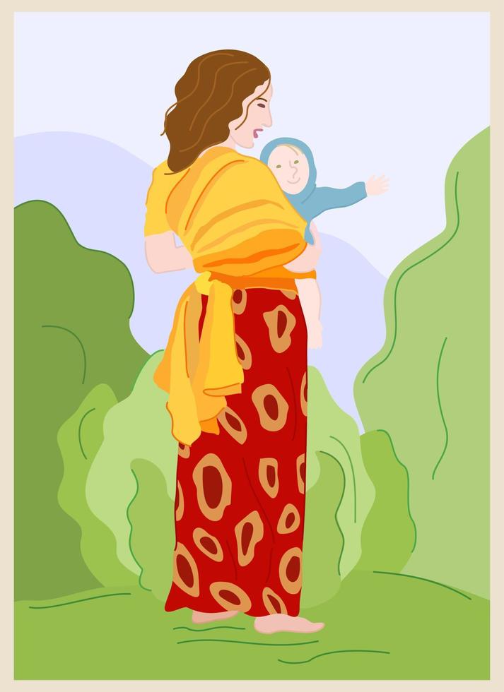 Woman with child in sling walks in the garden vector