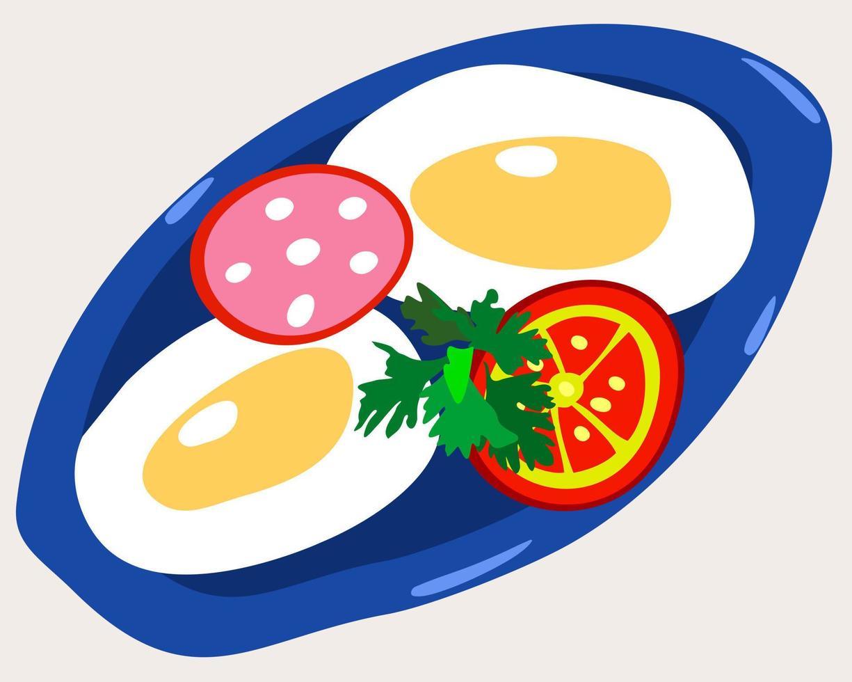 vector ilustración brillante de huevos fritos en plato azul.