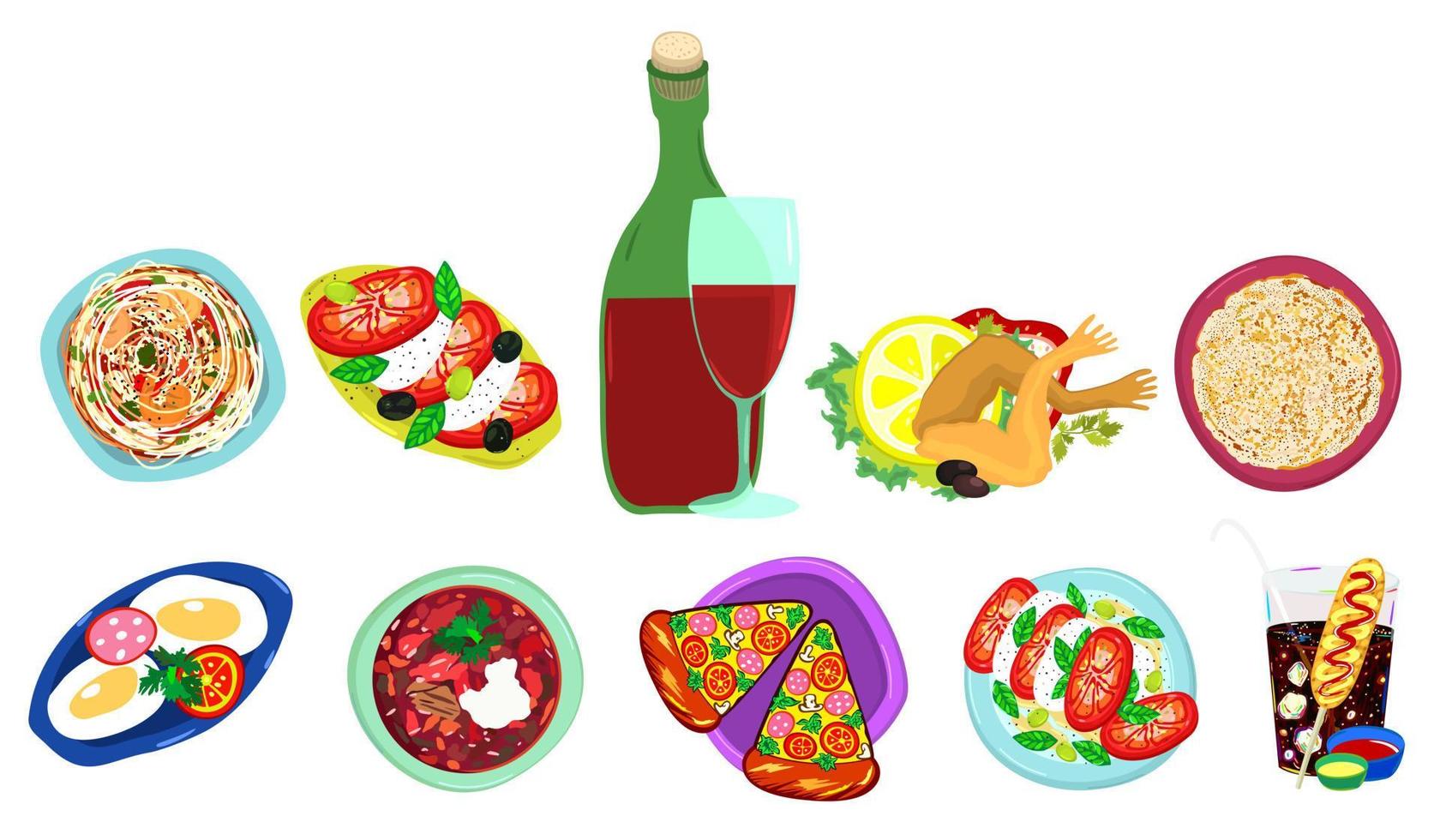 Vector bright isolated set of different tasty plates.