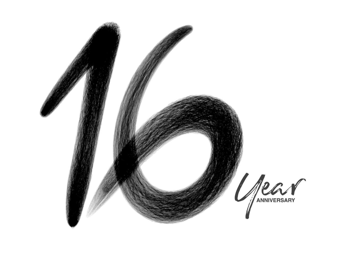 16 Years Anniversary Celebration Vector Template, 16 Years  logo design, 16th birthday, Black Lettering Numbers brush drawing hand drawn sketch, number logo design vector illustration