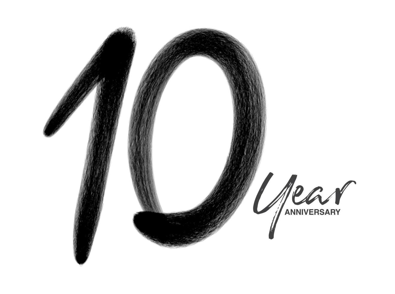 Plantilla de vector de celebración de aniversario de 10 años, diseño de logotipo de 10 años, 10º cumpleaños, números de letras negras dibujo de pincel boceto dibujado a mano, ilustración de vector de diseño de logotipo de número