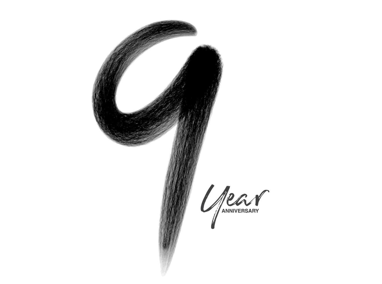 9 Years Anniversary Celebration Vector Template, 9 Years  logo design, 9th birthday, Black Lettering Numbers brush drawing hand drawn sketch, number logo design vector illustration