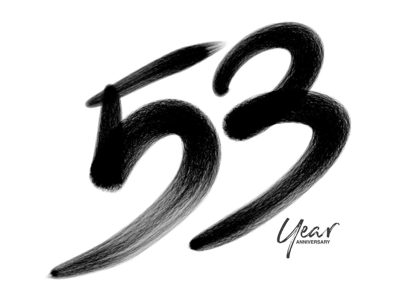 Plantilla de vector de celebración de aniversario de 53 años, diseño de logotipo de 53 años, 53 cumpleaños, números de letras negras dibujo de pincel boceto dibujado a mano, ilustración de vector de diseño de logotipo de número