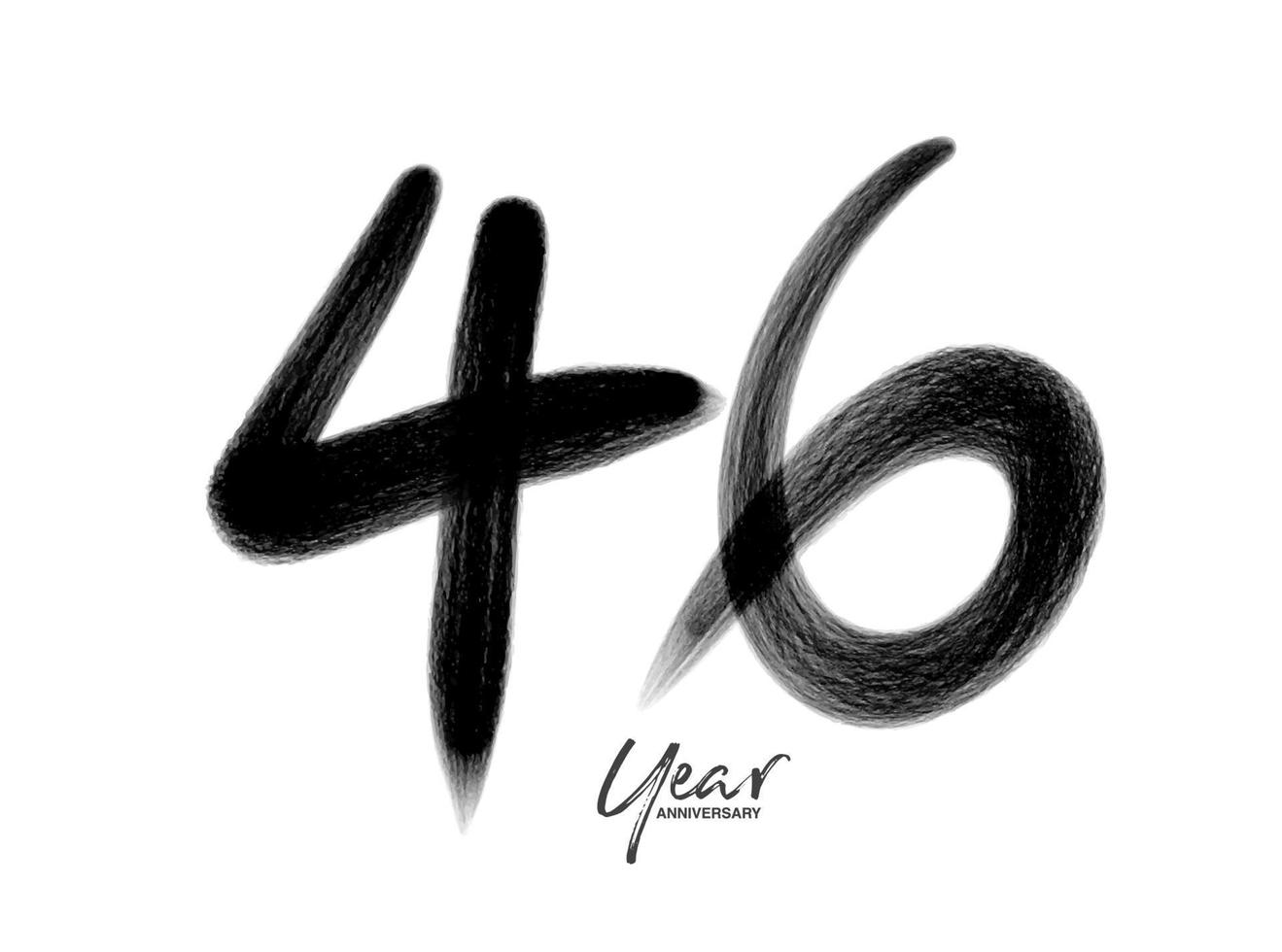 Plantilla de vector de celebración de aniversario de 46 años, diseño de logotipo de 46 años, 46 cumpleaños, números de letras negras dibujo de pincel boceto dibujado a mano, ilustración de vector de diseño de logotipo de número