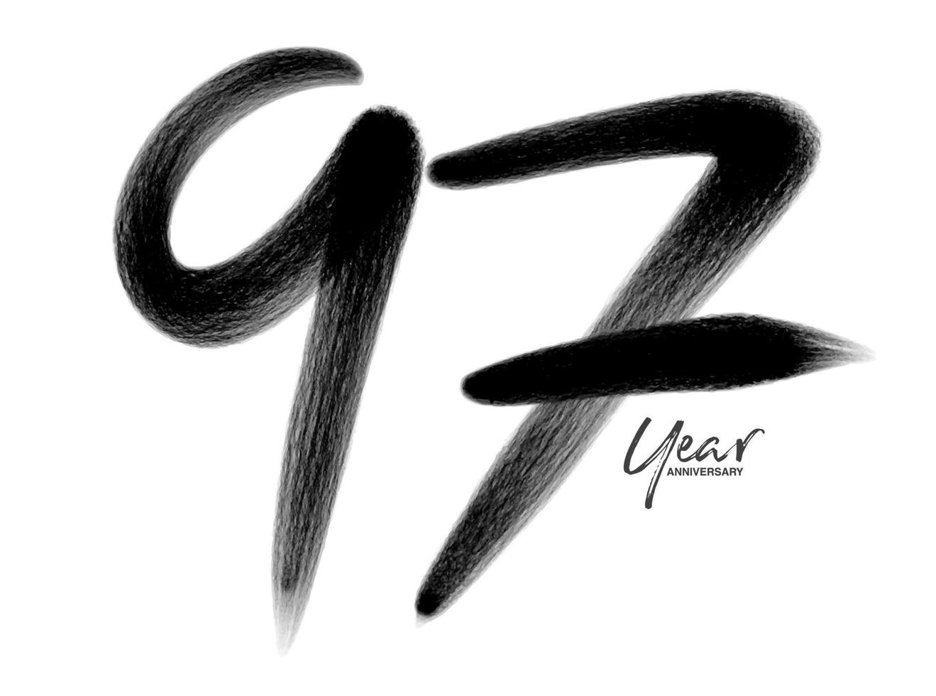 Plantilla de vector de celebración de aniversario de 97 años, diseño de logotipo de 97 años, 97 cumpleaños, números de letras negras dibujo de pincel boceto dibujado a mano, ilustración de vector de diseño de logotipo de número