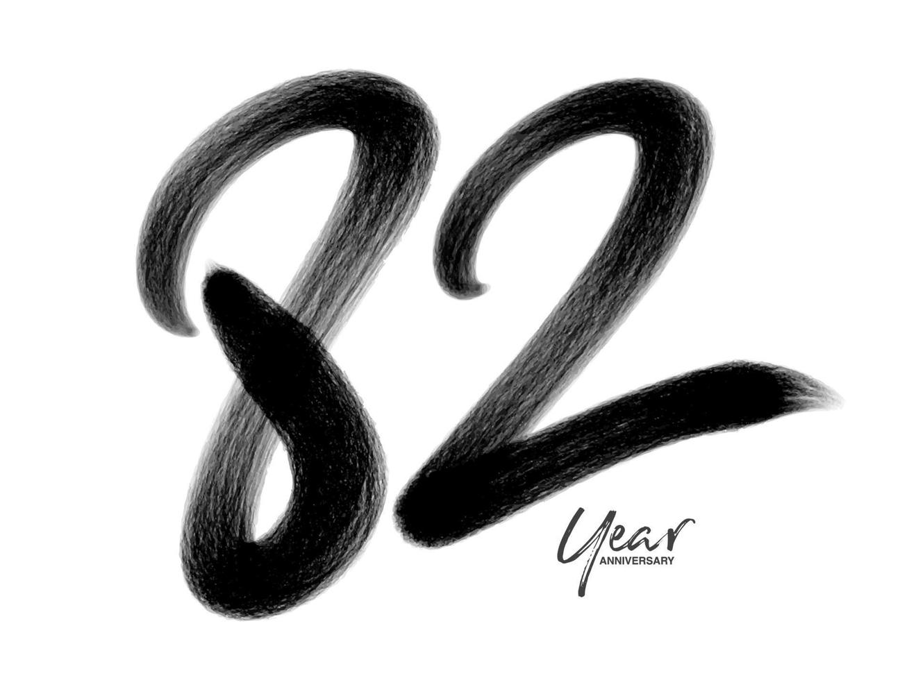 Plantilla de vector de celebración de aniversario de 82 años, diseño de logotipo de 82 años, 82 cumpleaños, números de letras negras dibujo de pincel boceto dibujado a mano, ilustración de vector de diseño de logotipo de número