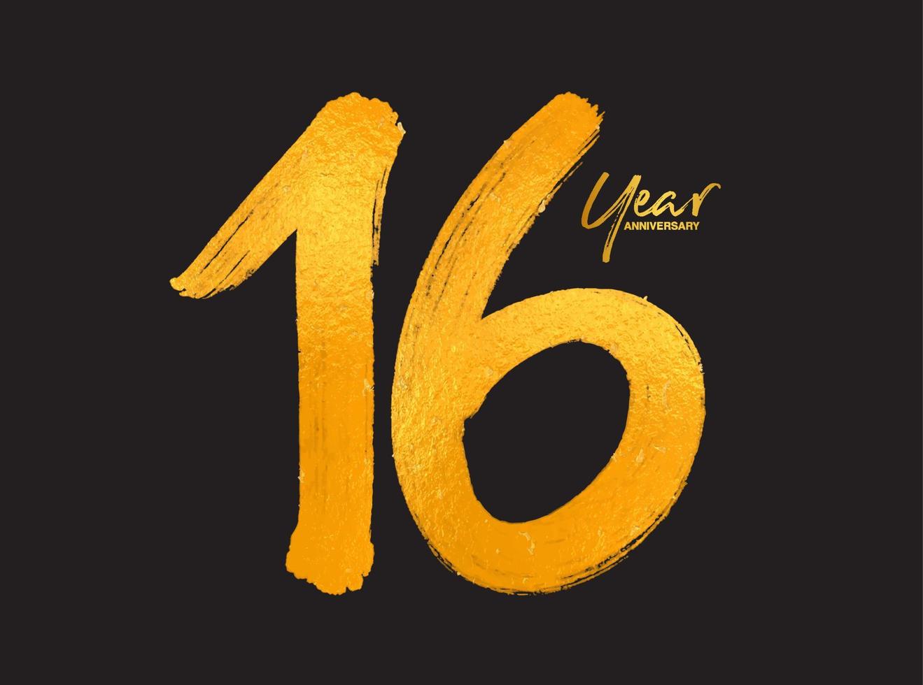 Gold 16 Years Anniversary Celebration Vector Template, 16 Years  logo design, 16th birthday, Gold Lettering Numbers brush drawing hand drawn sketch, number logo design vector illustration