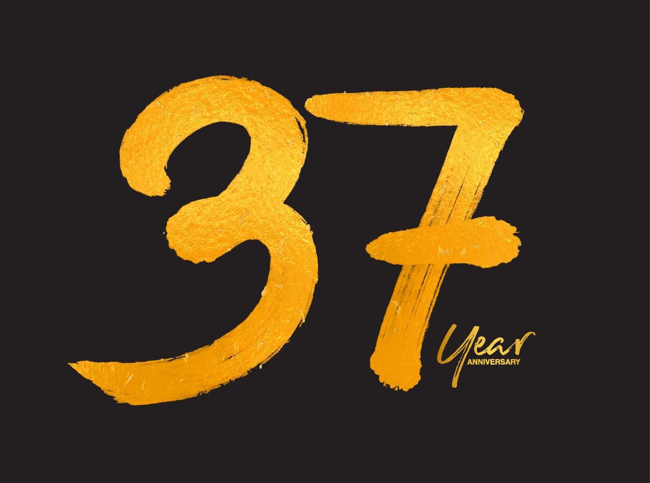 Gold 37 Years Anniversary Celebration Vector Template, 37 Years  logo design, 37th birthday, Gold Lettering Numbers brush drawing hand drawn sketch, number logo design vector illustration