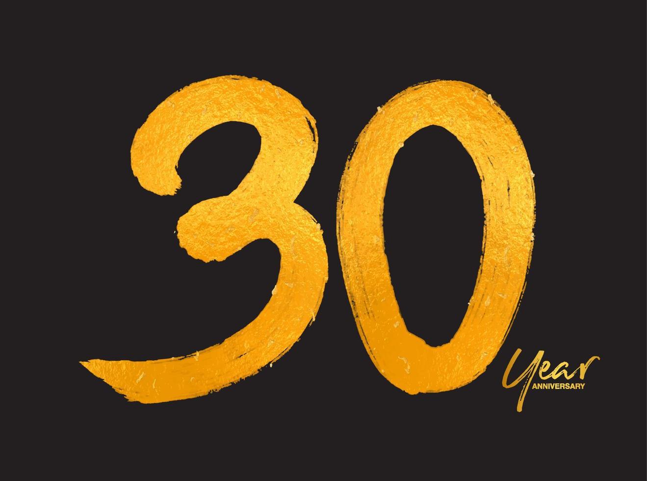 plantilla de vector de celebración de aniversario de oro de 30 años, diseño de logotipo de 30 años, 30 cumpleaños, números de letras de oro dibujo de pincel boceto dibujado a mano, ilustración de vector de diseño de logotipo de número