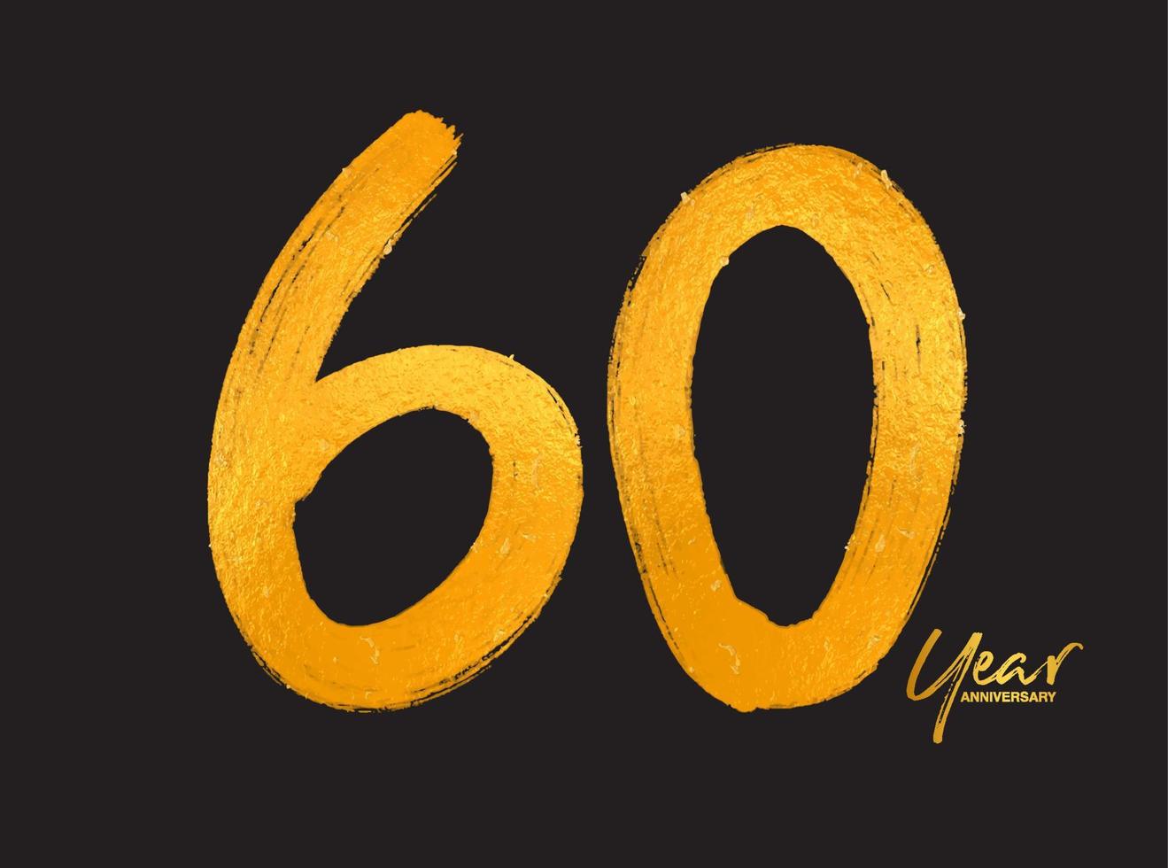 Plantilla de vector de celebración de aniversario de oro de 60 años, diseño de logotipo de 60 años, 60 cumpleaños, números de letras de oro dibujo de pincel boceto dibujado a mano, ilustración de vector de diseño de logotipo de número