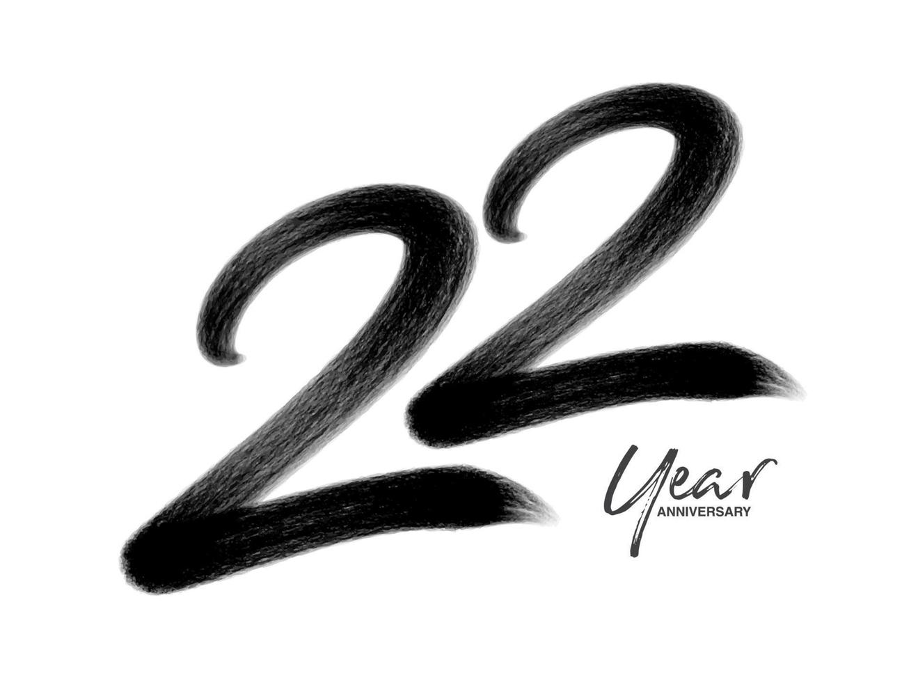 Plantilla de vector de celebración de aniversario de 22 años, diseño de logotipo de 22 años, 22 cumpleaños, números de letras negras dibujo de pincel boceto dibujado a mano, ilustración de vector de diseño de logotipo de número