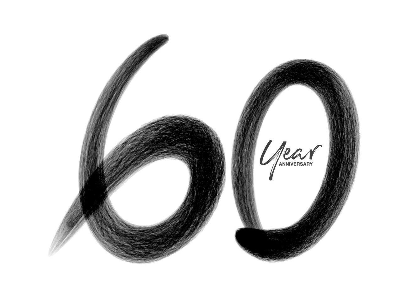 Plantilla de vector de celebración de aniversario de 60 años, diseño de logotipo de 60 años, 60 cumpleaños, números de letras negras dibujo de pincel boceto dibujado a mano, ilustración de vector de diseño de logotipo de número
