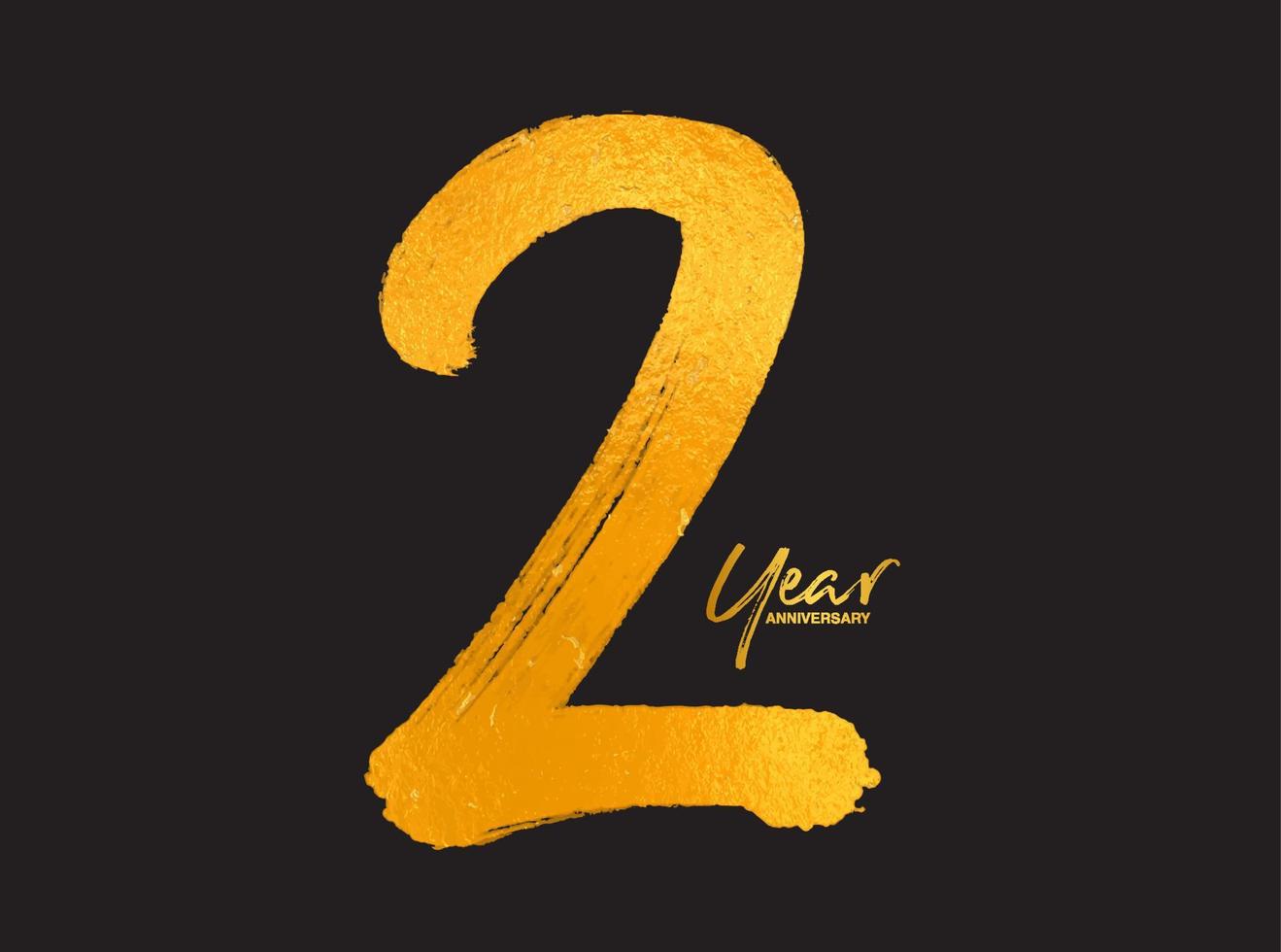Plantilla de vector de celebración de aniversario de oro de 2 años, diseño de logotipo de 2 años, 2º cumpleaños, números de letras doradas dibujo de pincel boceto dibujado a mano, ilustración de vector de diseño de logotipo de número