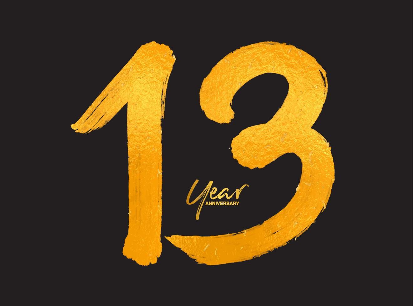 Gold 13 Years Anniversary Celebration Vector Template, 13 Years  logo design, 13th birthday, Gold Lettering Numbers brush drawing hand drawn sketch, number logo design vector illustration