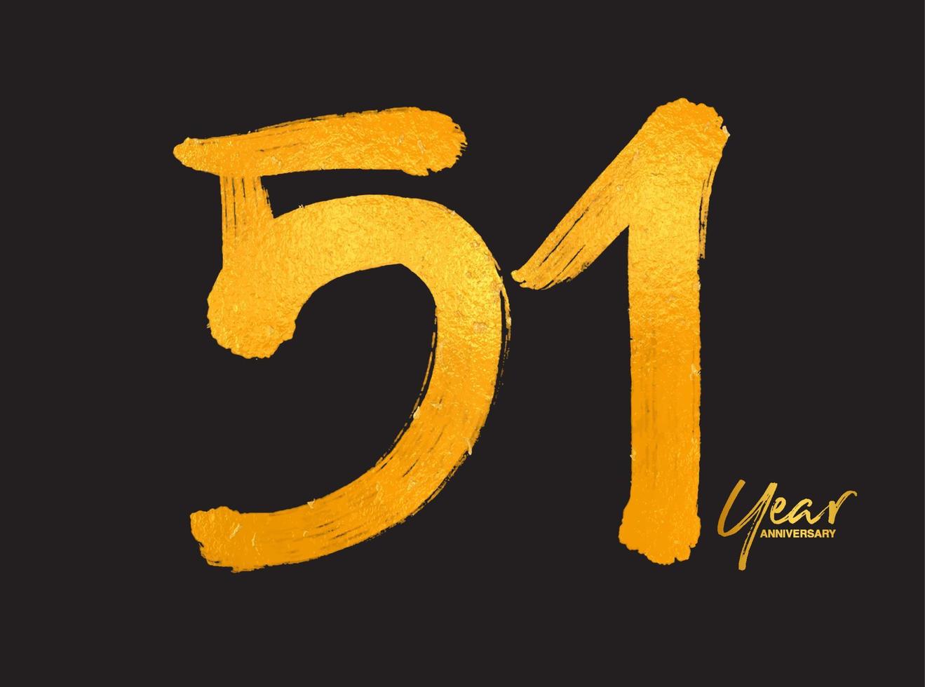 plantilla de vector de celebración de aniversario de oro de 51 años, diseño de logotipo de 51 años, 51 cumpleaños, números de letras doradas dibujo de pincel boceto dibujado a mano, ilustración de vector de diseño de logotipo de número