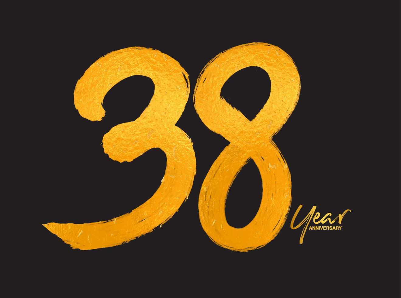 plantilla de vector de celebración de aniversario de oro de 38 años, diseño de logotipo de 38 años, 38 cumpleaños, números de letras doradas dibujo de pincel boceto dibujado a mano, ilustración de vector de diseño de logotipo de número