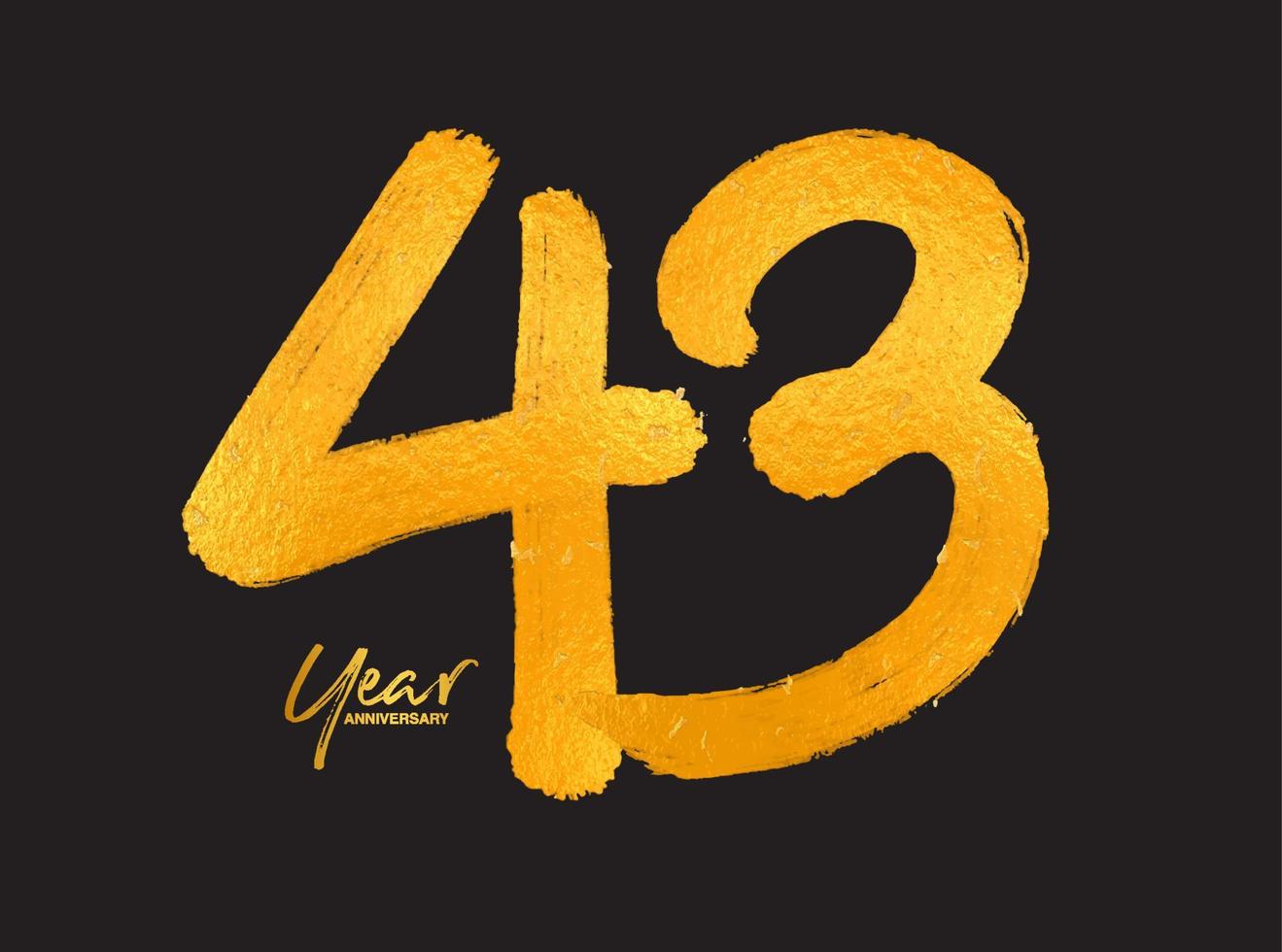 plantilla de vector de celebración de aniversario de oro de 43 años, diseño de logotipo de 43 años, 43 cumpleaños, números de letras doradas dibujo de pincel boceto dibujado a mano, ilustración de vector de diseño de logotipo de número