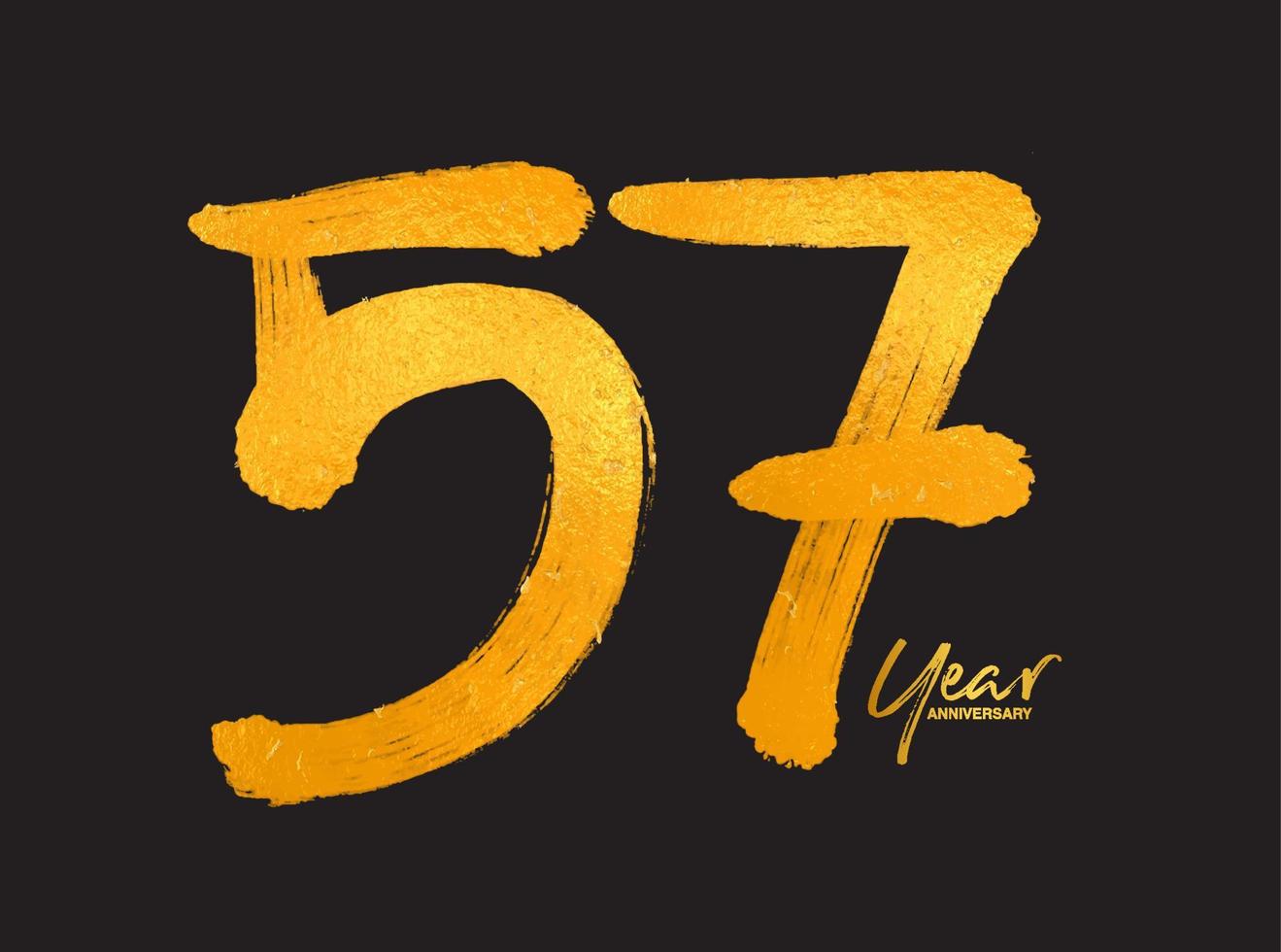 Plantilla de vector de celebración de aniversario de oro de 57 años, diseño de logotipo de 57 años, 57 cumpleaños, números de letras de oro dibujo de pincel boceto dibujado a mano, ilustración de vector de diseño de logotipo de número