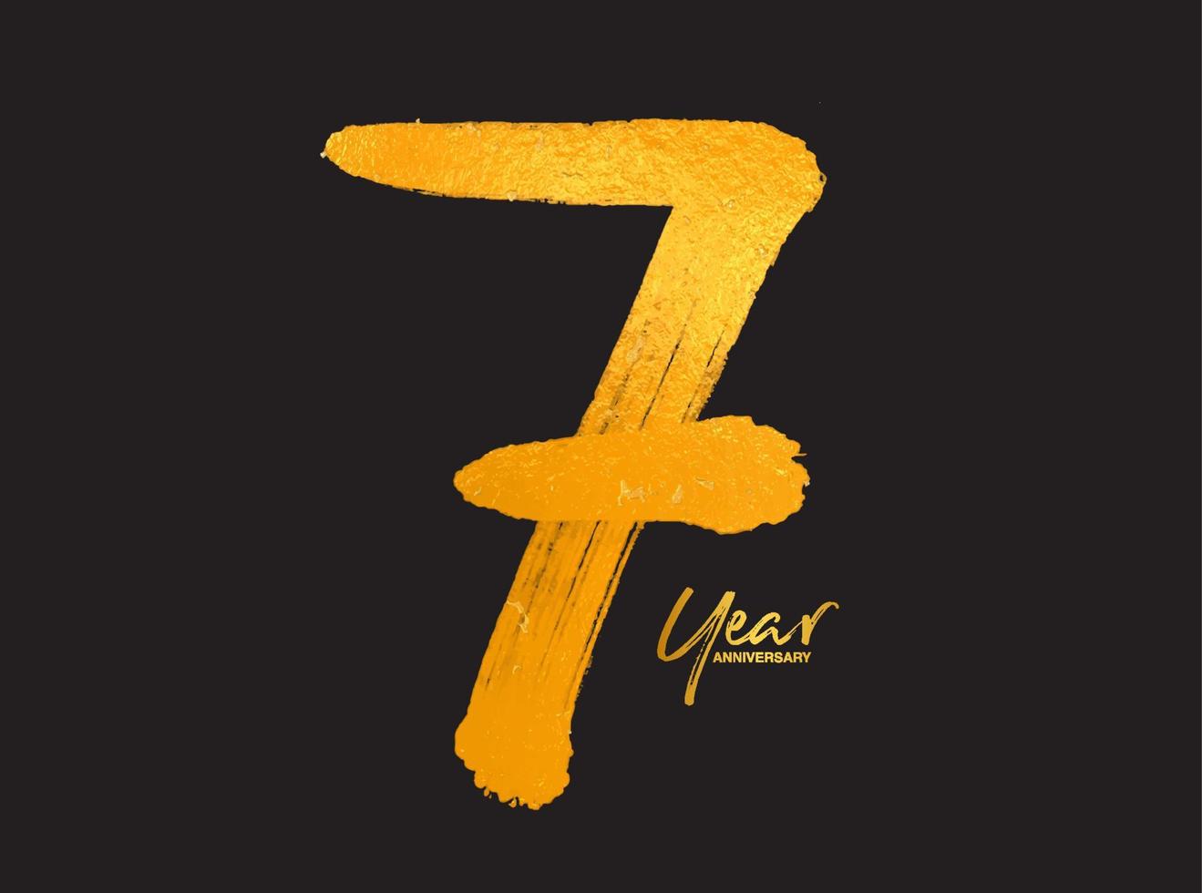 plantilla de vector de celebración de aniversario de oro de 7 años, diseño de logotipo de 7 años, 7º cumpleaños, números de letras de oro dibujo de pincel boceto dibujado a mano, ilustración de vector de diseño de logotipo de número