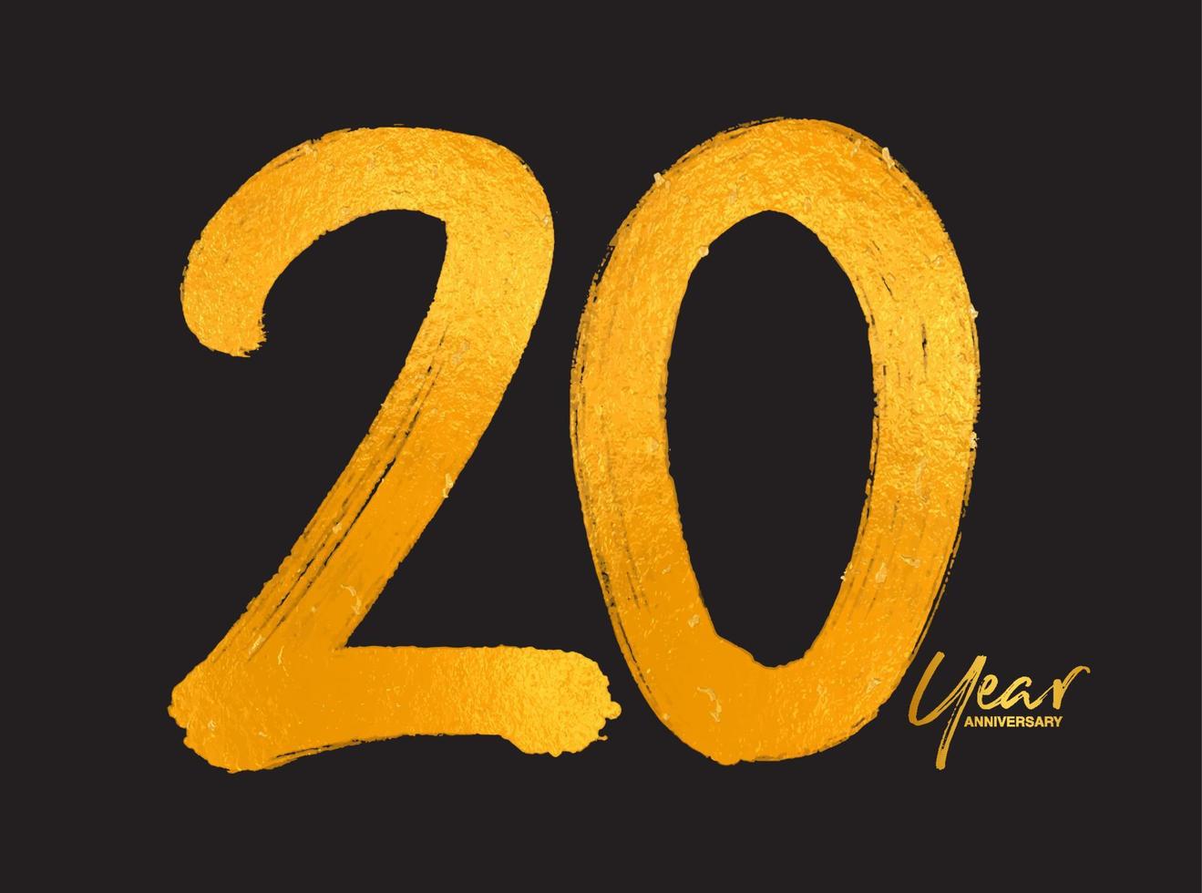 Plantilla de vector de celebración de aniversario de oro de 20 años, diseño de logotipo de 20 años, 20 cumpleaños, números de letras de oro dibujo de pincel boceto dibujado a mano, ilustración de vector de diseño de logotipo de número