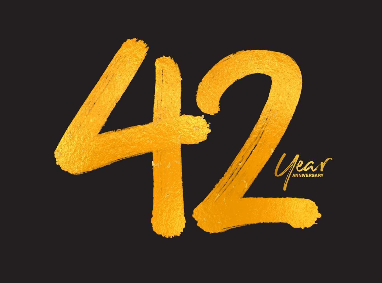 plantilla de vector de celebración de aniversario de oro de 42 años, diseño de logotipo de 42 años, 42 cumpleaños, números de letras doradas dibujo de pincel boceto dibujado a mano, ilustración de vector de diseño de logotipo de número