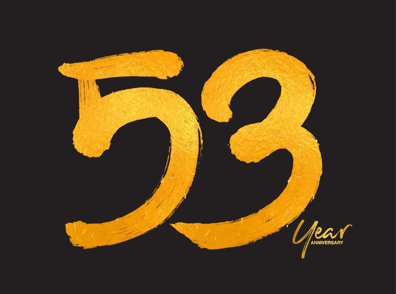 Plantilla de vector de celebración de aniversario de oro de 53 años, diseño de logotipo de 53 años, 53 cumpleaños, números de letras doradas dibujo de pincel boceto dibujado a mano, ilustración de vector de diseño de logotipo de número