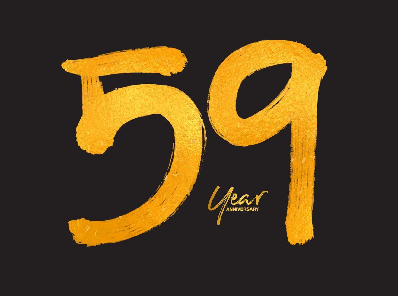 Plantilla de vector de celebración de aniversario de oro de 59 años, diseño de logotipo de 59 años, 59 cumpleaños, números de letras de oro dibujo de pincel boceto dibujado a mano, ilustración de vector de diseño de logotipo de número