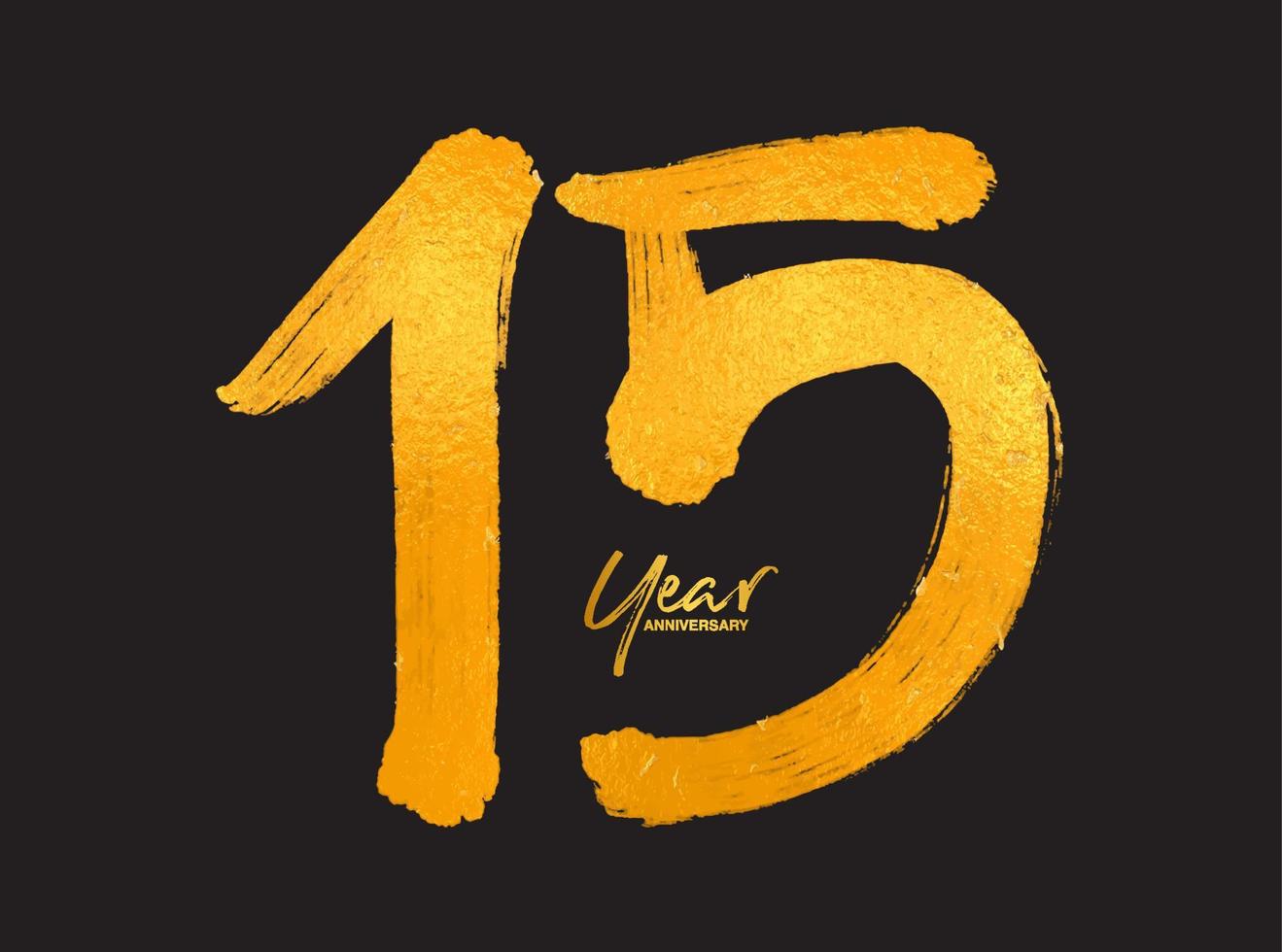 plantilla de vector de celebración de aniversario de oro de 15 años, diseño de logotipo de 15 años, 15 cumpleaños, números de letras de oro dibujo de pincel boceto dibujado a mano, ilustración de vector de diseño de logotipo de número