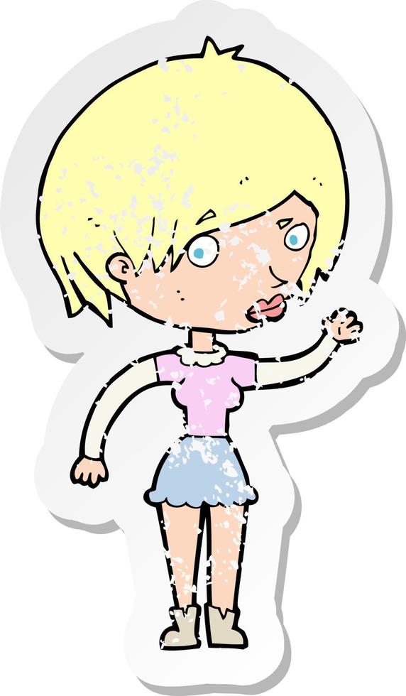 retro distressed sticker of a cartoon waving woman vector