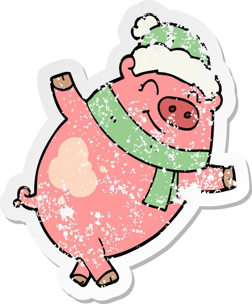 distressed sticker of a cartoon pig wearing christmas hat vector