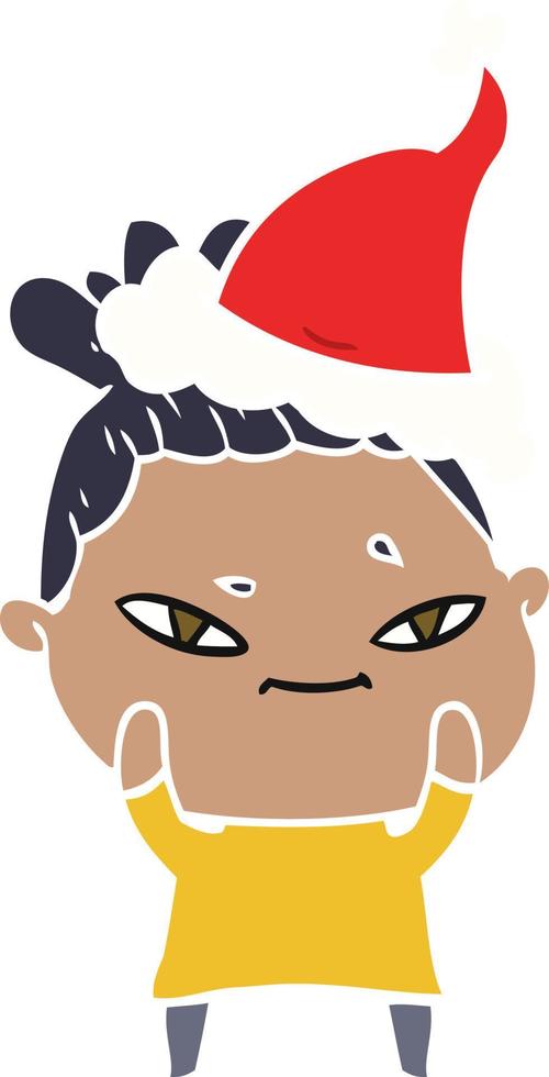 flat color illustration of a woman wearing santa hat vector