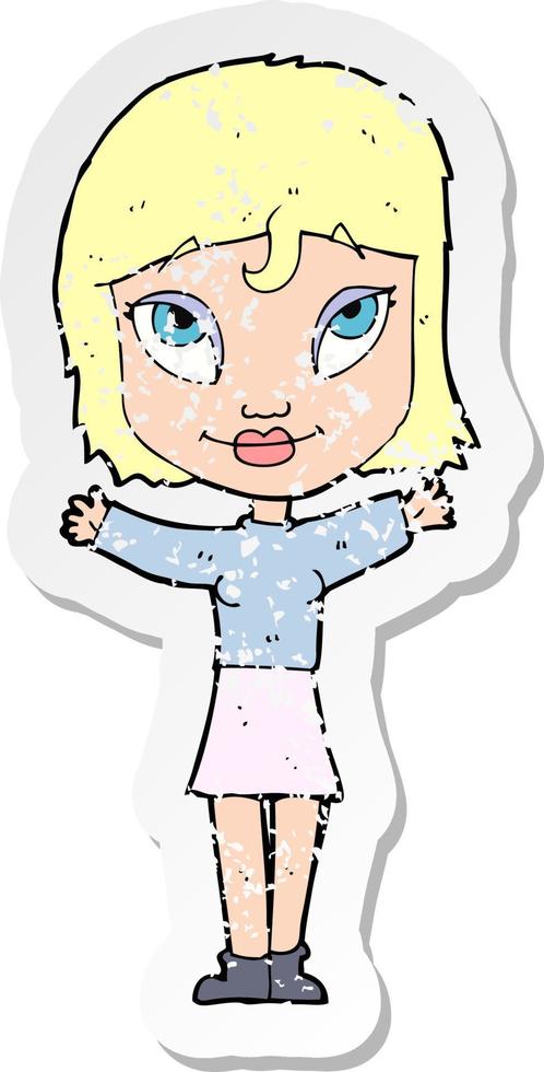 retro distressed sticker of a cartoon woman with open arms vector