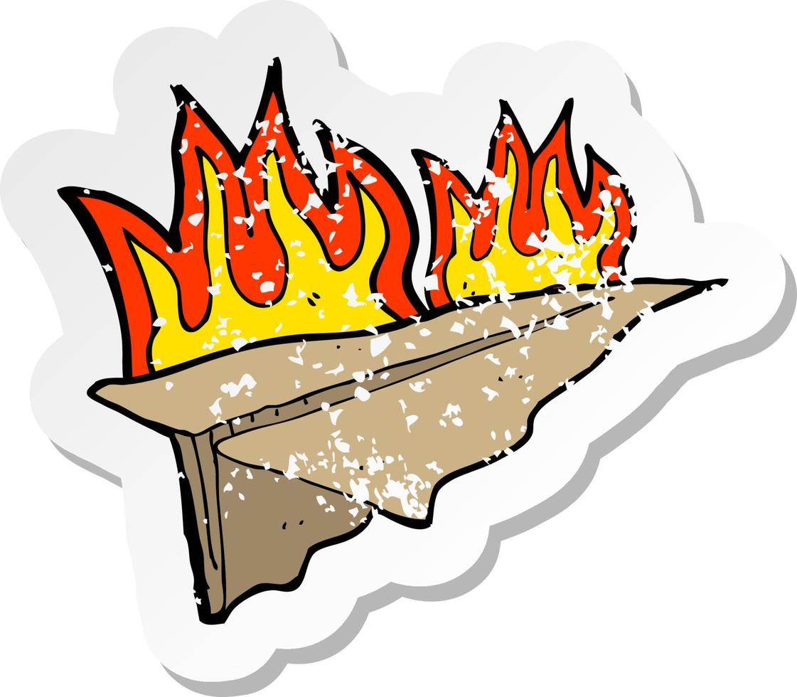 pegatina retro angustiada de un avión de papel en llamas de dibujos animados vector