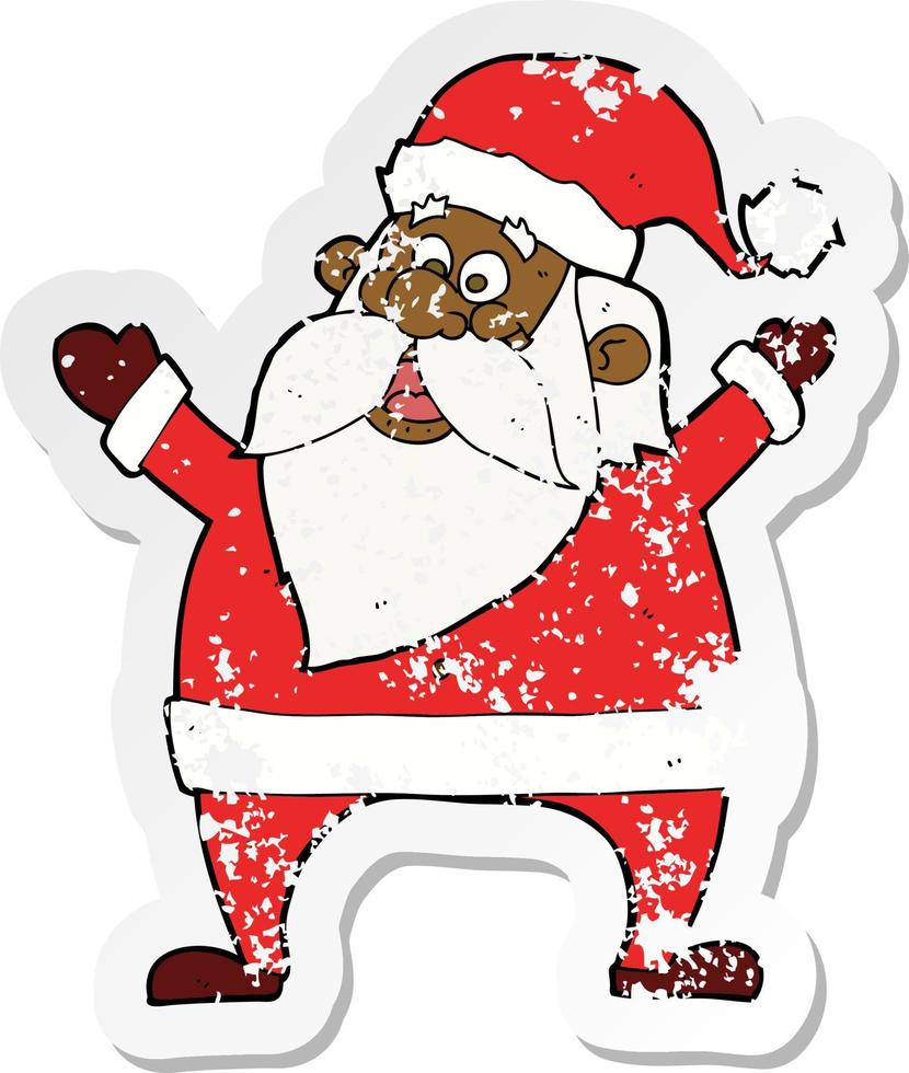 retro distressed sticker of a jolly santa cartoon vector