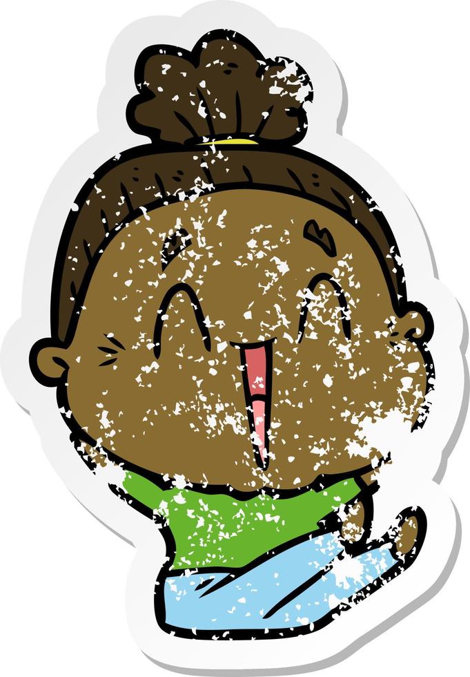 distressed sticker of a cartoon happy old lady vector