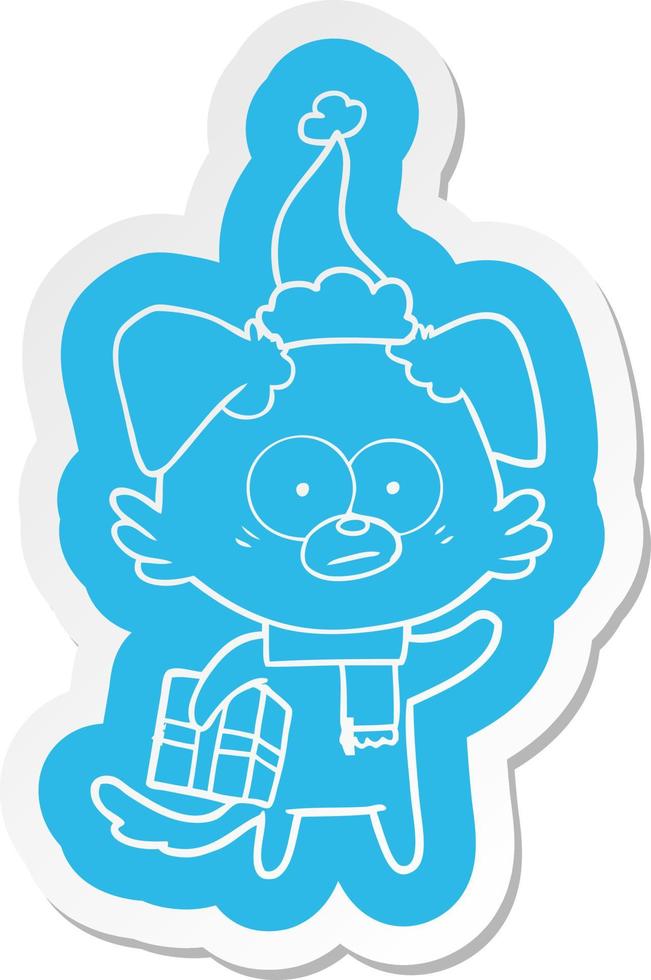 nervous dog cartoon  sticker of a with gift wearing santa hat vector