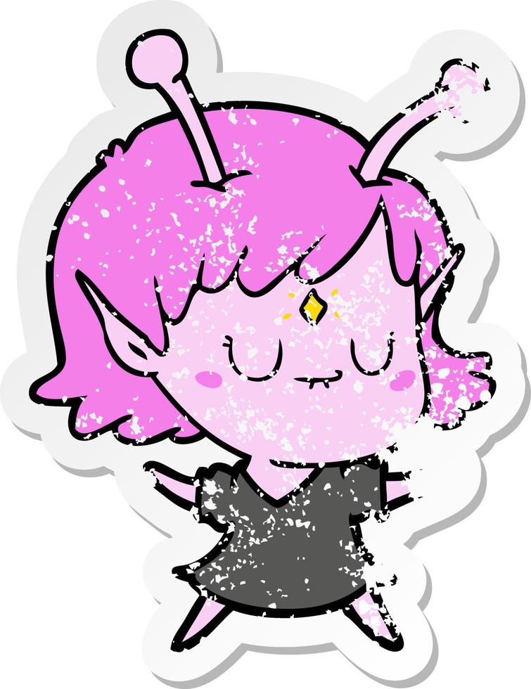 distressed sticker of a cartoon alien girl vector